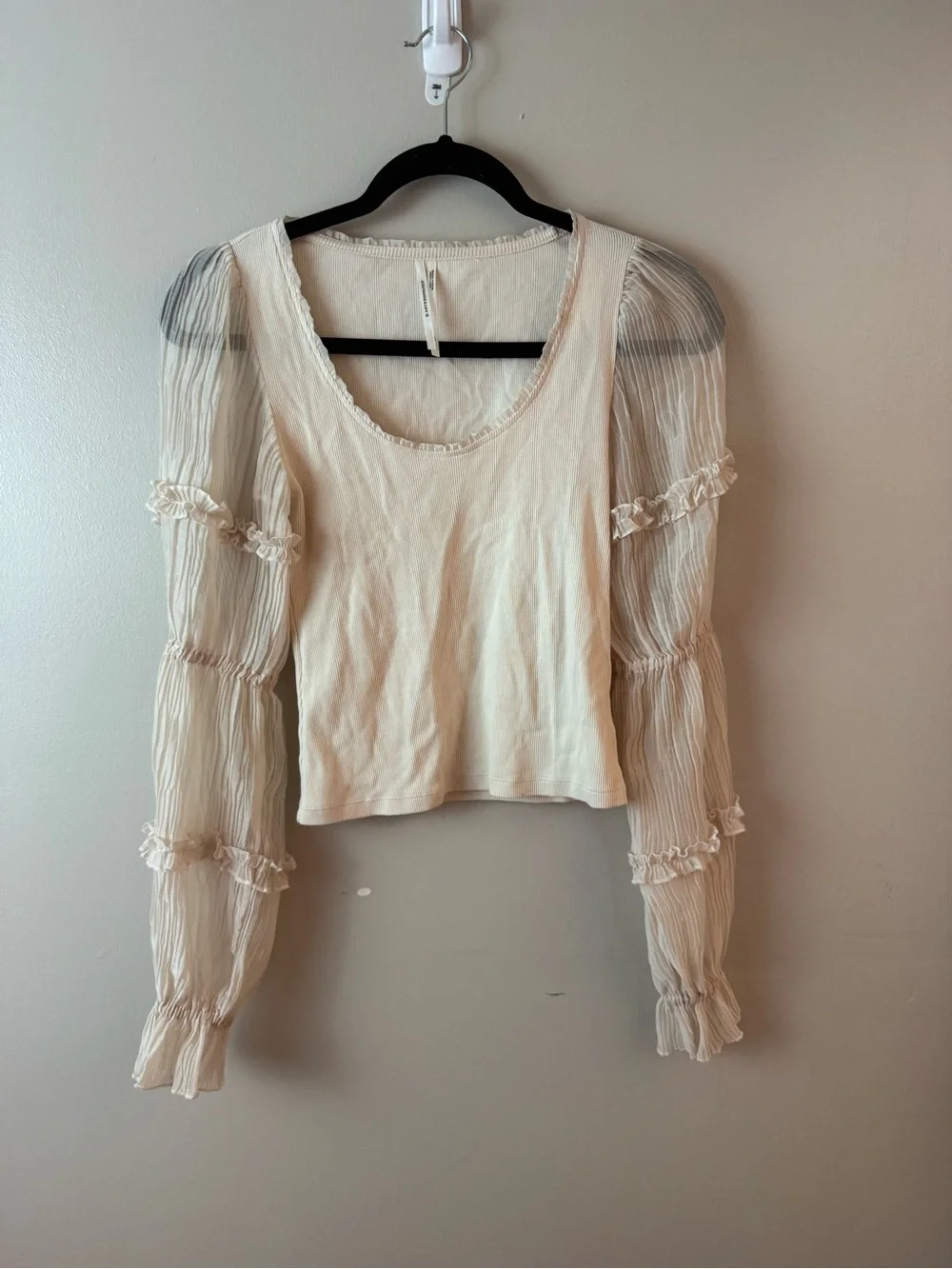 Anthropologie Cream Sheer-Puff Sleeve Blouse XXS Boho Cottagecore Folk